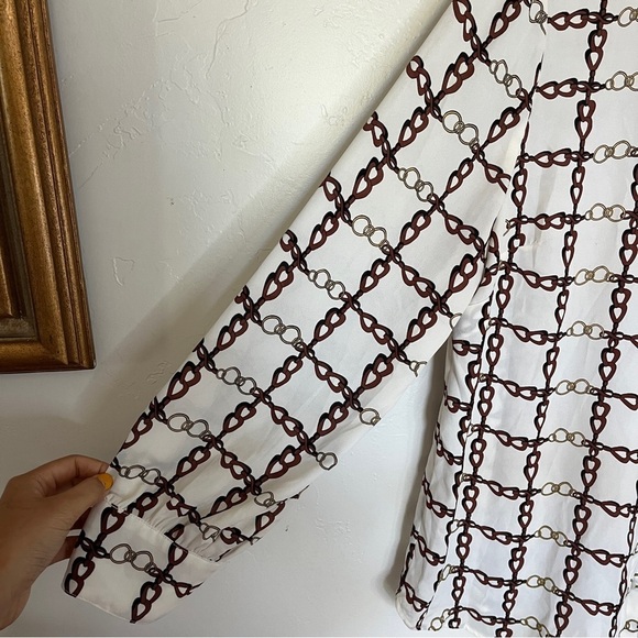 Talbots White Chain Printed Front Bow Button Up Blouse - Picture 4 of 7